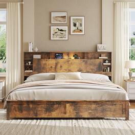 LUCKY ONE - King Size Bed Frame with Storage Headboard,Charging Station, LED Lights - Dark Brown