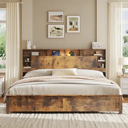 Front. LUCKY ONE - King Size Bed Frame with Storage Headboard,Charging Station, LED Lights - Dark Brown.