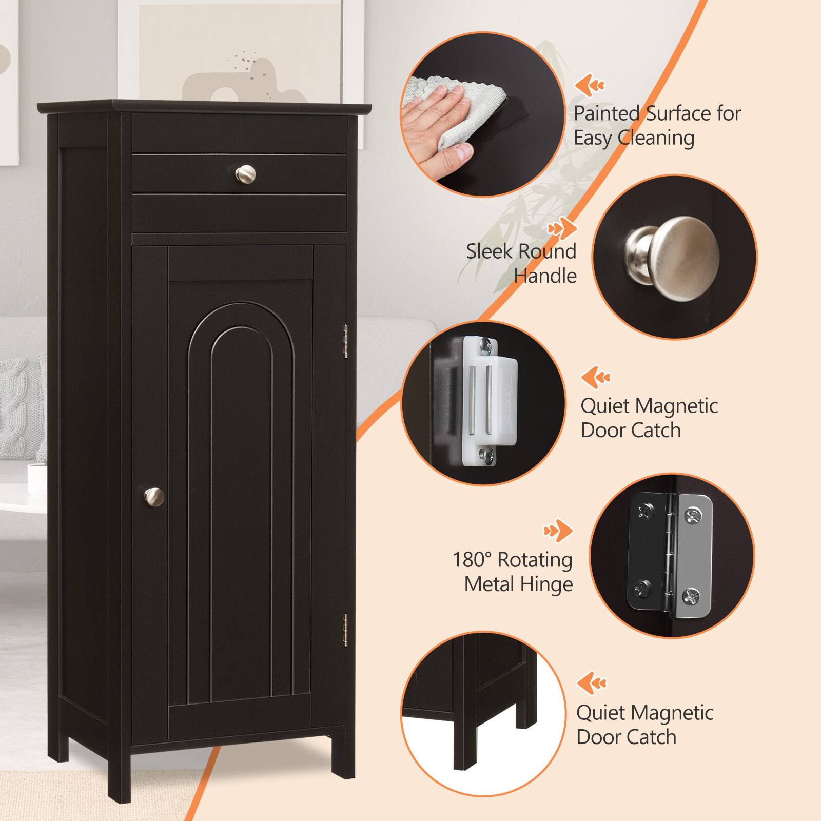 Painted Surface for Easy Cleaning, Sleek Round Handle, Quiet Magnetic Door Catch, 180° Rotating Metal Hinge, Quiet Magnetic Door Catch