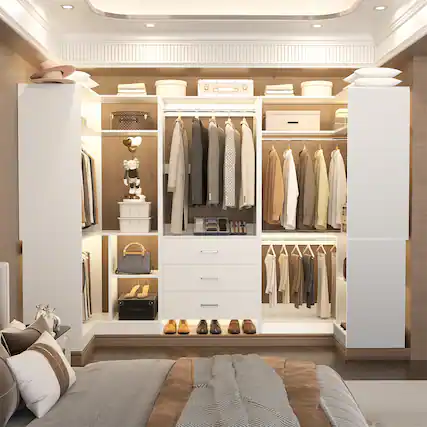 Front. Aheaplus - 88.8'' With U-Shaped Closet System, Walk-in Wardrobe System with 3 Drawers and 5 Hanging Rods, Set of 3 - White.