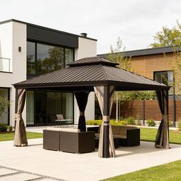 Mondawe - 11x13FT Outdoor Gazebo,Galvanized Steel Double Roof,Curtains and Netting Included - Dark Brown