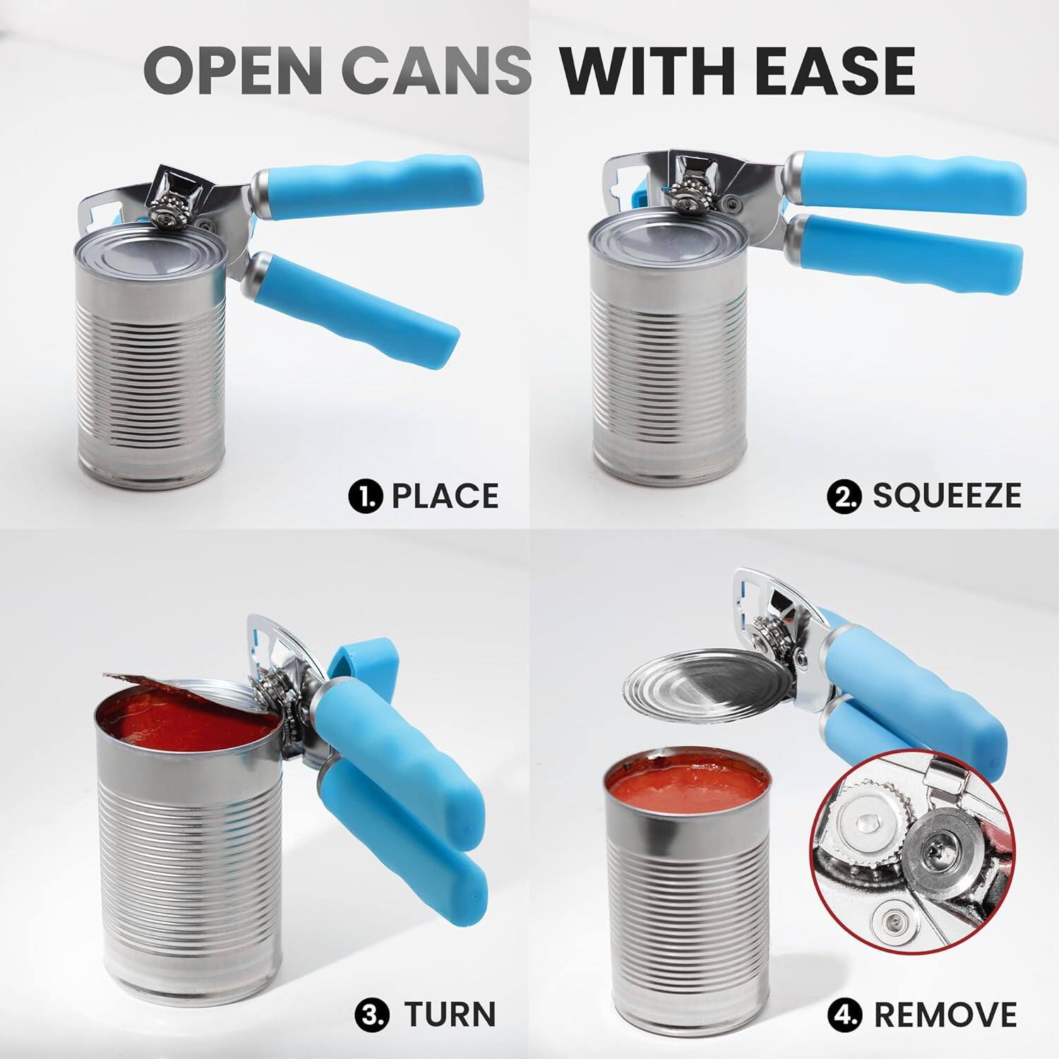 OPEN CANS WITH EASE

1. PLACE
2. SQUEEZE
3. TURN
4. REMOVE