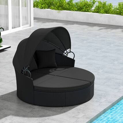Front. Gymax - Gymax Patio Round Daybed Wicker Daybed w/ Retractable Canopy Separated Seating Sectional Sofa Black - Black.