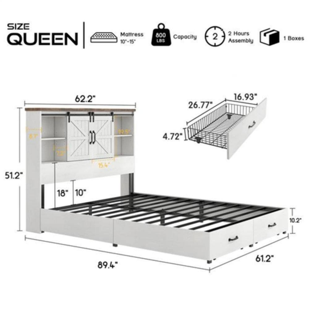 **SIZE QUEEN**

- **Mattress:** 10"-15"
- **Capacity:** 800 LBS
- **Assembly:** 2 Hours
- **Boxes:** 1

**Dimensions:**
- **Length:** 89.4"
- **Width:** 62.2"
- **Height:** 51.2"
- **Headboard Height:** 61.2"
- **Footboard Height:** 10.2"
- **Side Rail Height:** 16.93"
- **Side Rail Width:** 26.77"
- **Slats:** 18" x 10"
- **Slats Spacing:** 4.72"