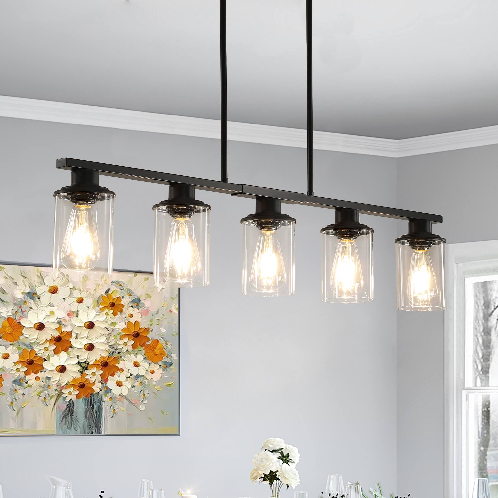 Left. APRILSOUL - 37 Inch Modern 5-Light Chandelier with Clear Glass Shades Matte Black Metal Frame Hanging Ceiling Light Fixture No Bulbs.