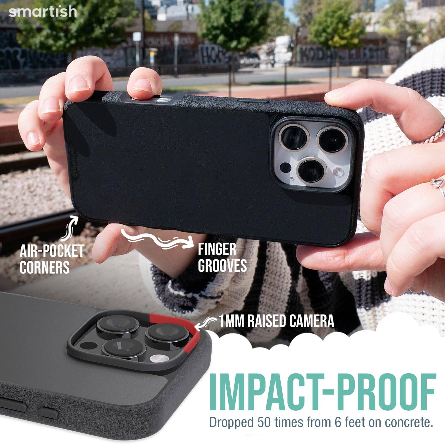 smartish  
HOR KODA  
AIR-POCKET CORNERS  
FINGER GROOVES  
1MM RAISED CAMERA  
IMPACT-PROOF  
Dropped 50 times from 6 feet on concrete.