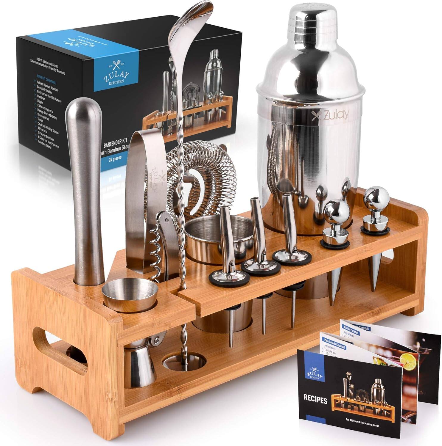 Zulay Kitchen - 24-Piece Bartender Kit - Stainless Steel Bar Set 24oz Cocktail Shaker Set with Accessories - Silver