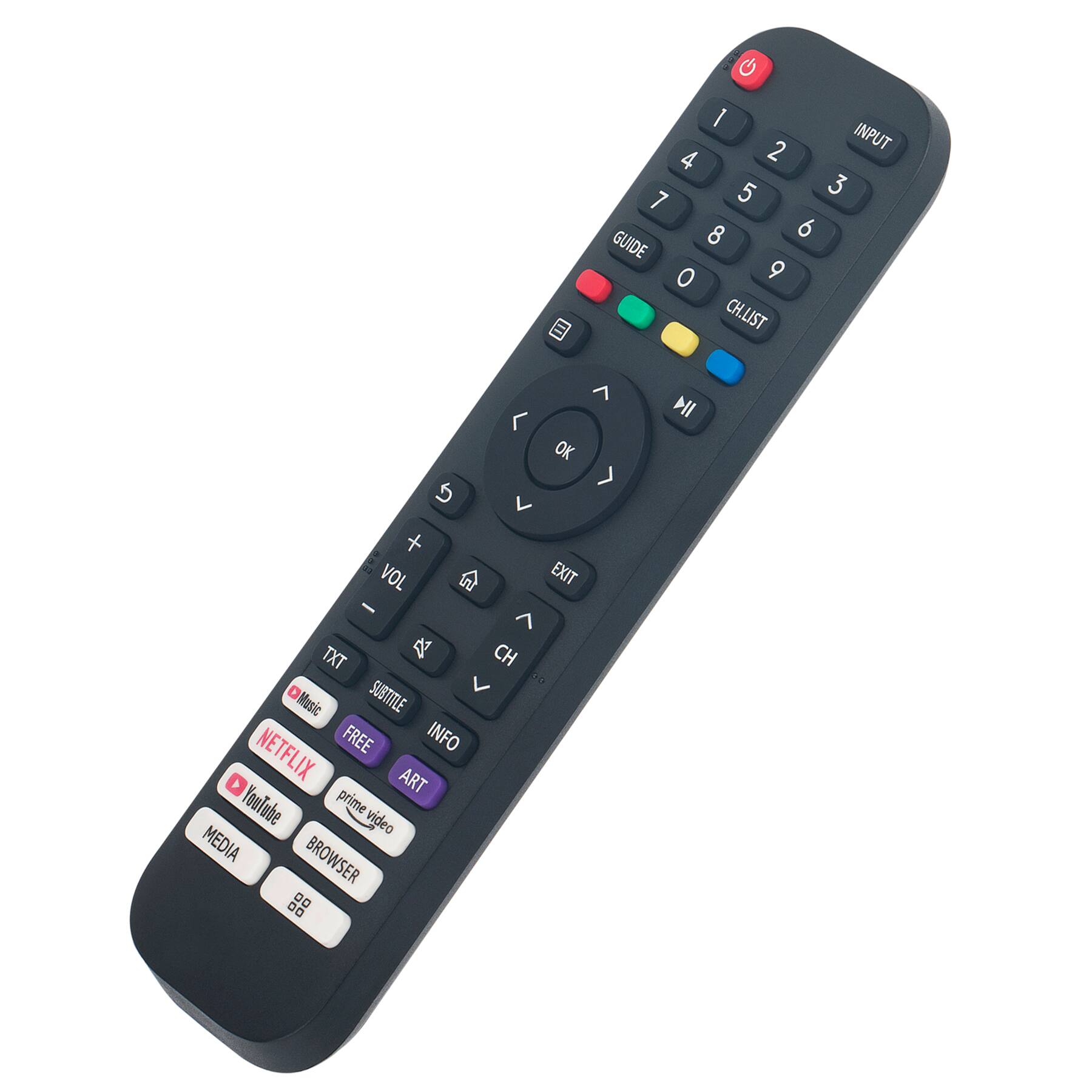 Sure, here is the corrected and grouped text from the image:

**Top Section:**
- INPUT
- 1 2 3
- 4 5 6
- 7 8 9
- 0

**Middle Section:**
- GUIDE
- CH.LIST
- OK
- EXIT
- VOL + -
- TXT
- CH
- SUBTITLE
- V
- Masic

**Bottom Section:**
- NETFLIX
- FREE
- INFO
- ART
- YouTube
- prime video
- MEDIA
- BROWSER
- DO
- MI