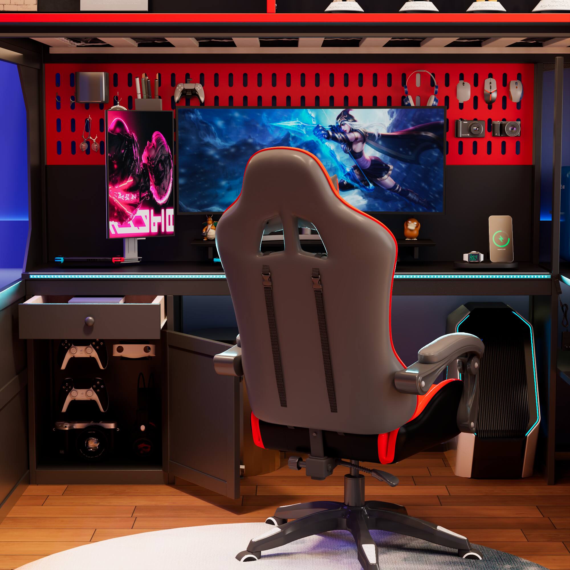 Back. Anysun - Twin Gaming Loft Bed with Integrated Desk & Lights - Wooden Frame, Built-in Charging Station. - Red.