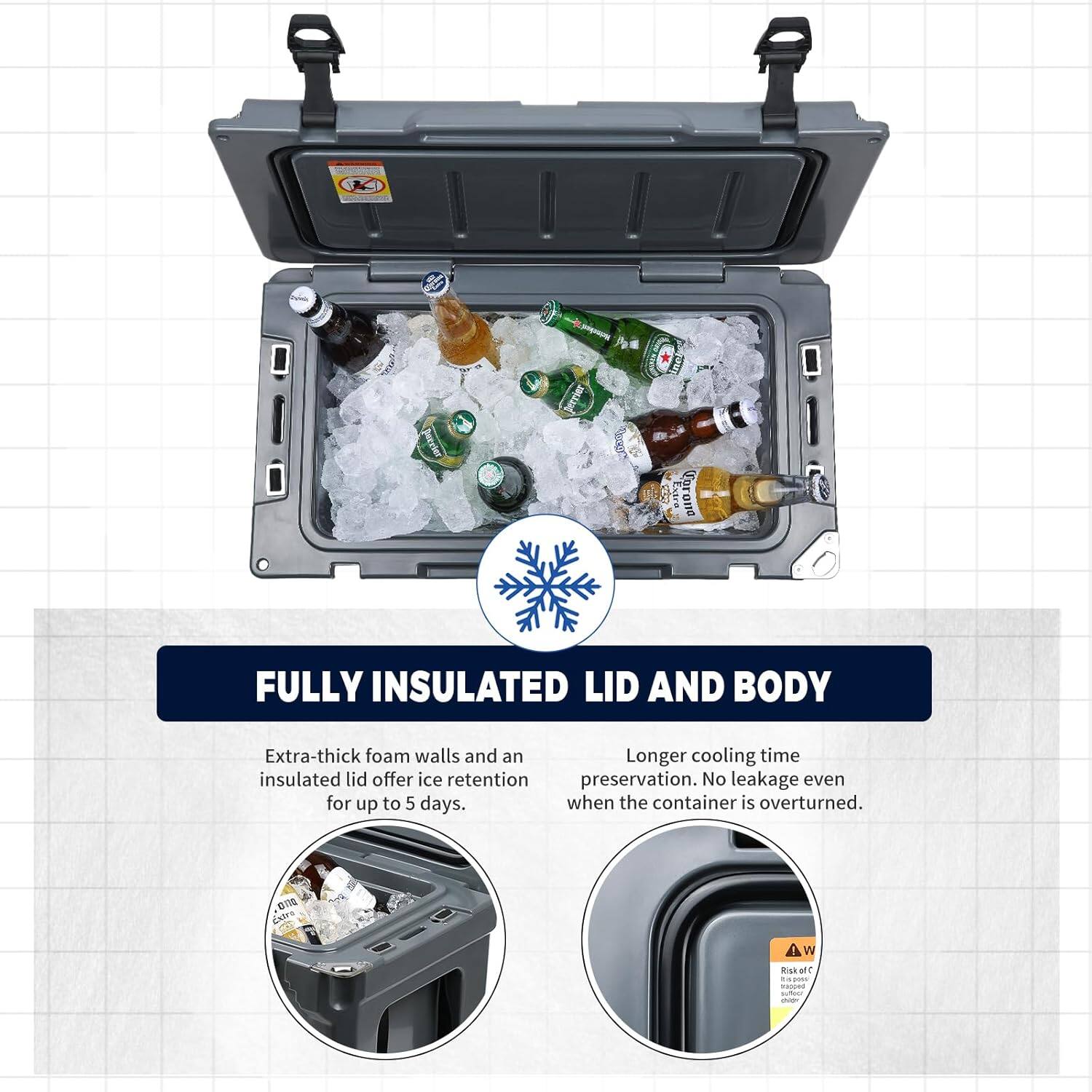 FULLY INSULATED LID AND BODY
Extra-thick foam walls and an insulated lid offer ice retention for up to 5 days.
Longer cooling time preservation. No leakage even when the container is overturned.