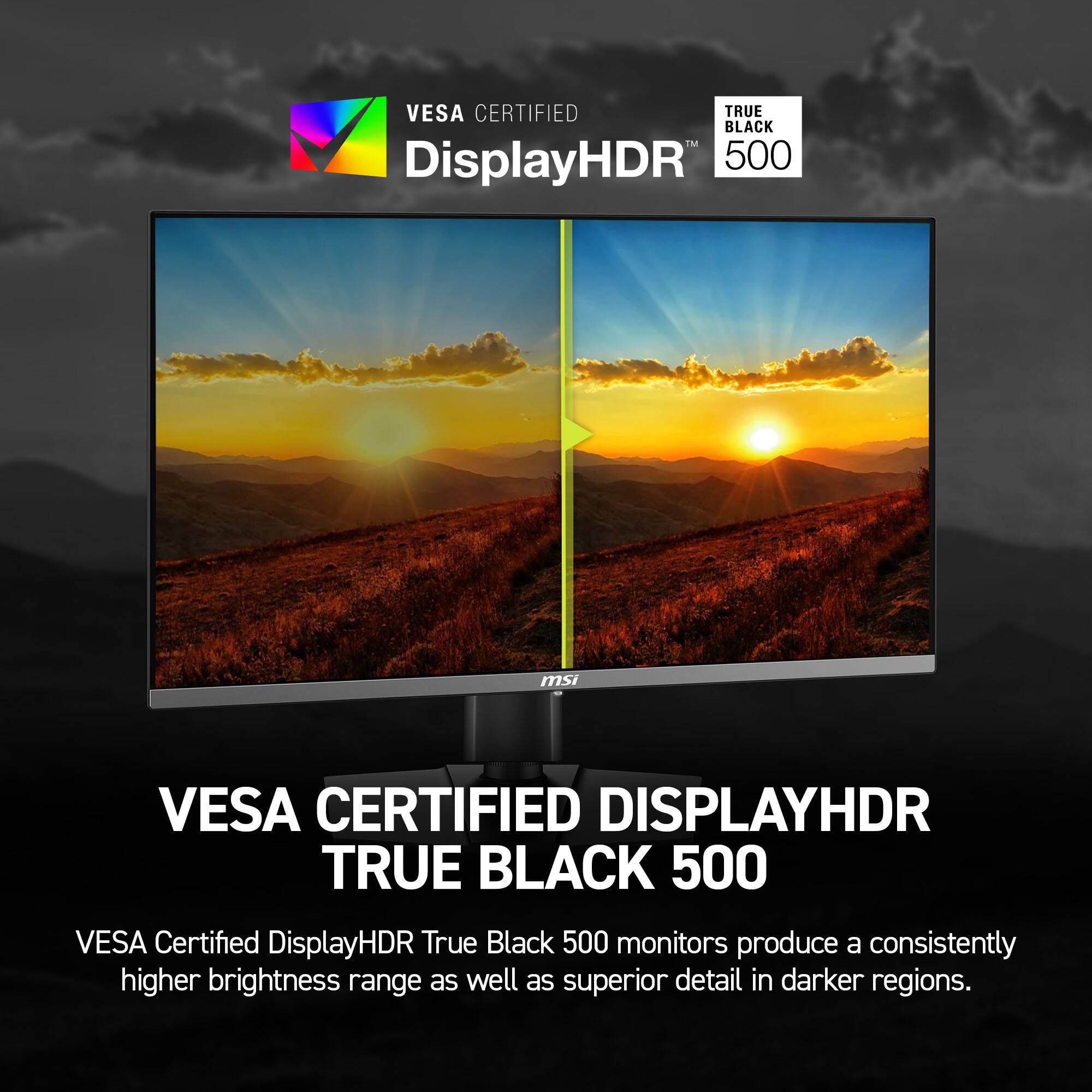 VESA CERTIFIED DISPLAYHDR TRUE BLACK 500
VESA Certified DisplayHDR True Black 500 monitors produce a consistently higher brightness range as well as superior detail in darker regions.