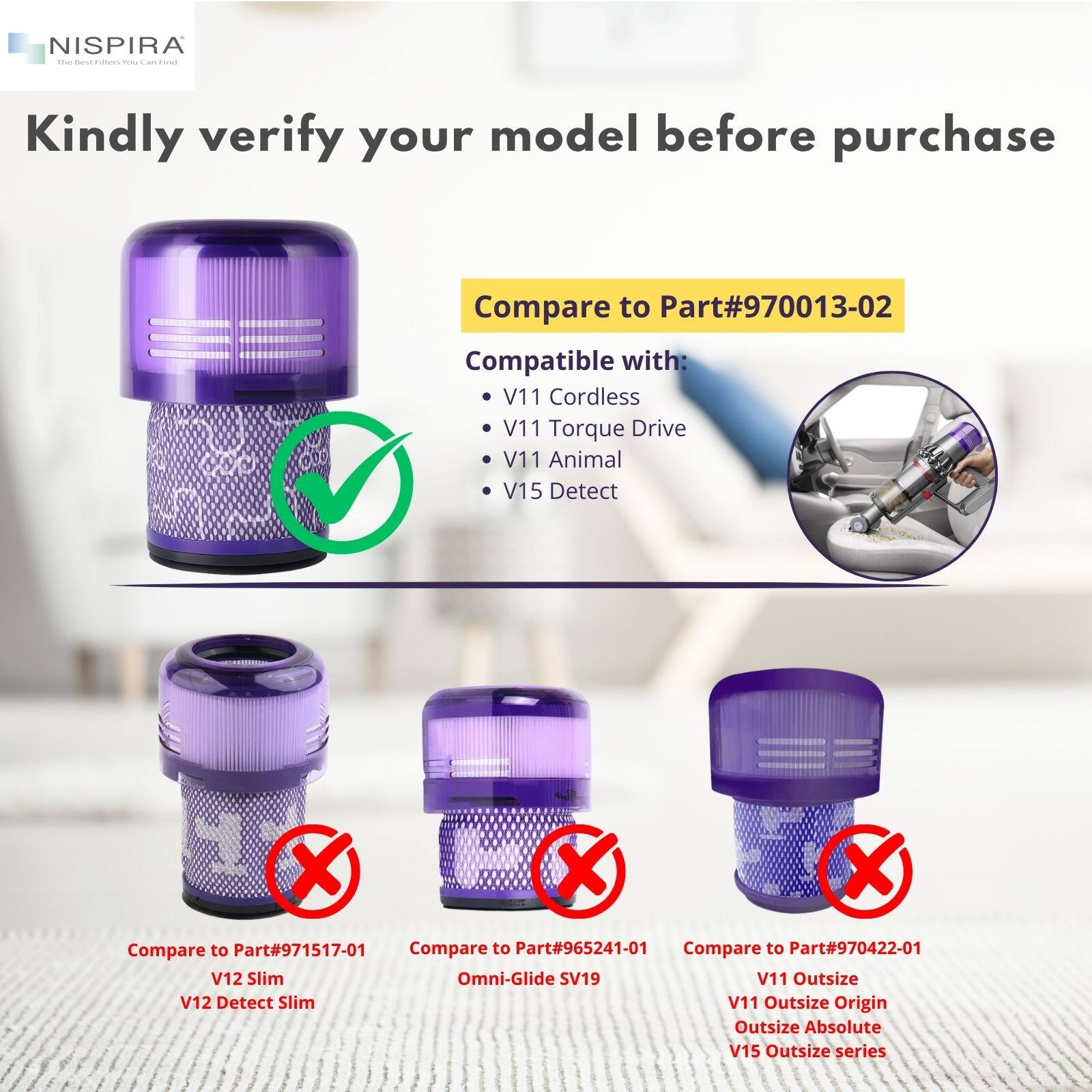 NISPIRA

Kindly verify your model before purchase

Compare to Part#970013-02

Compatible with:
- V11 Cordless
- V11 Torque Drive
- V11 Animal
- V15 Detect

Compare to Part#971517-01
Compare to Part#965241-01
Compare to Part#970422-01

V12 Slim
V12 Detect Slim
V11 Outsize
V11 Outsize Origin
Outsize Absolute
V15 Outsize series