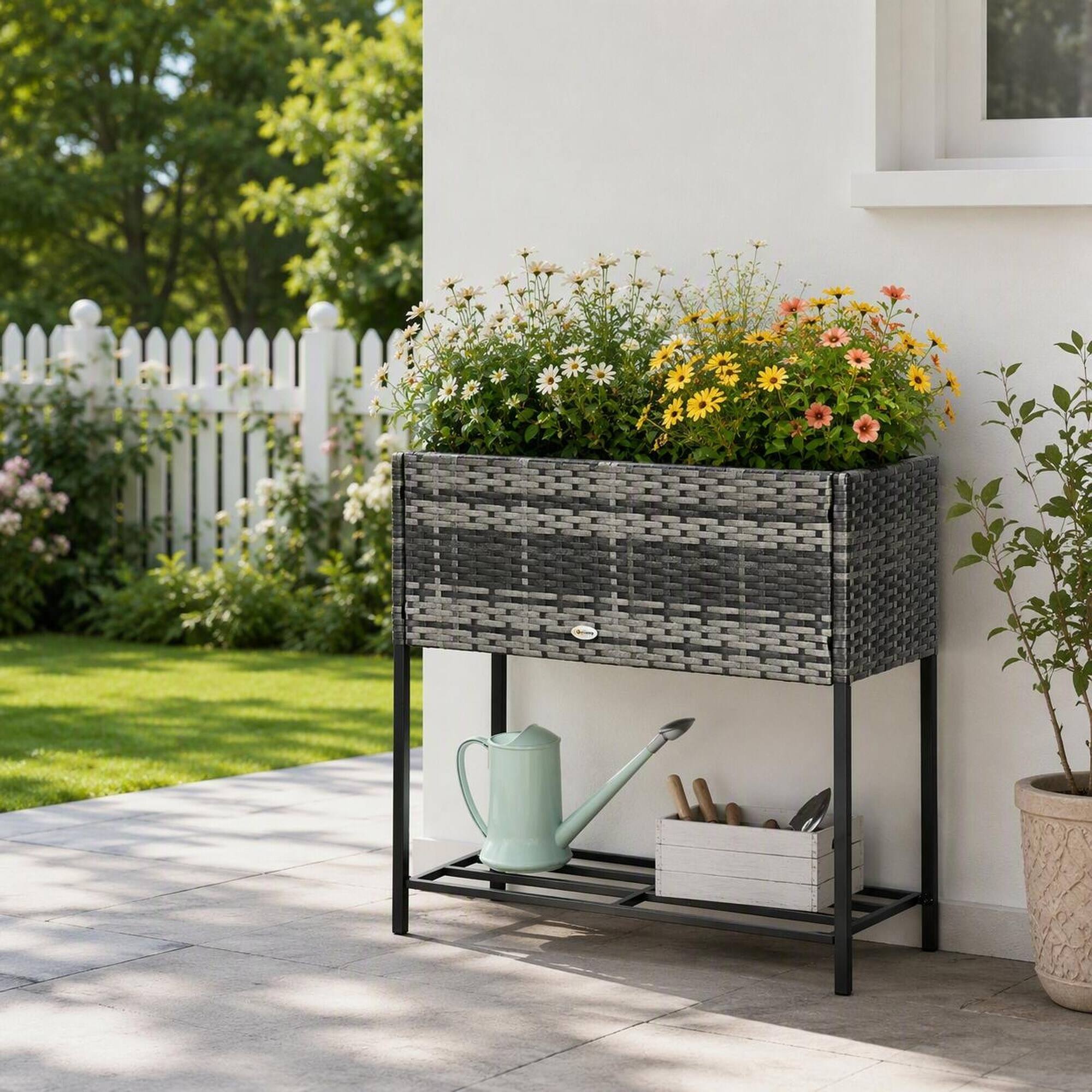 Back. RYHNUYNE - Outsunny Raised Garden Bed with Rattan Look, 27.5" Elevated Planter Box with Tool Shelf, Gray - Grey.