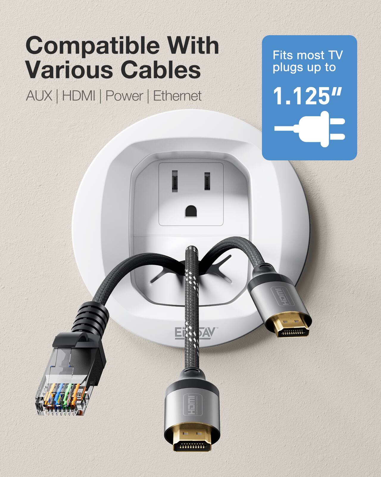 Compatible With Various Cables  
AUX | HDMI | Power | Ethernet  

Fits most TV plugs up to 1.125"