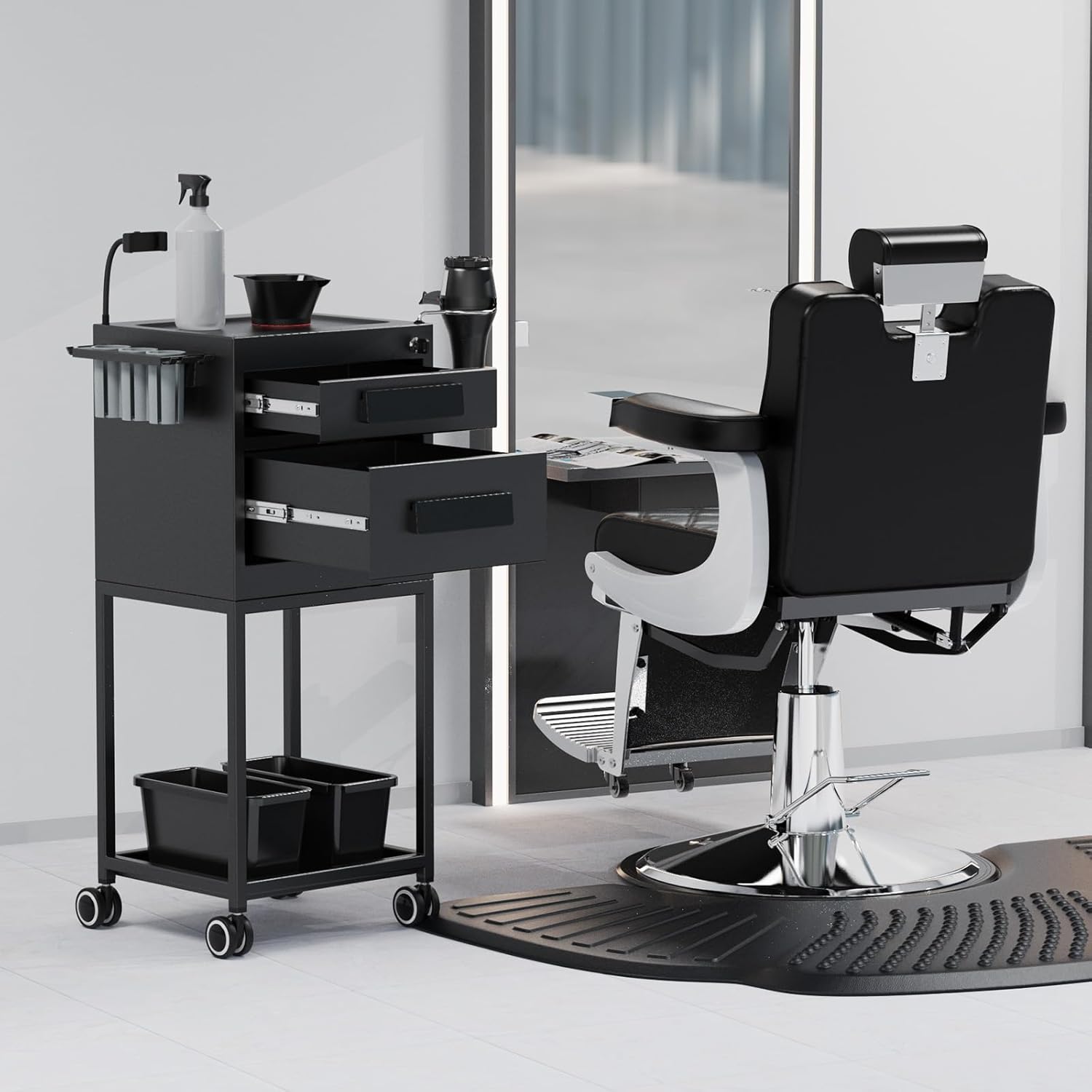 Angle. Winado - Salon Trolley Cart Hair Stylist Station Metal Cart with Drawers & 2 Magnetic Bowls for Barber Shops, Beauty Salons, Spas - Black.