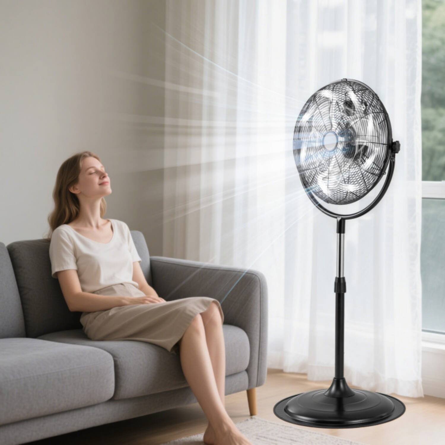 Front. LUCKY ONE - 18 Inch High Velocity Pedestal Fan with 3 Speeds, 360° Tilt & Adjustable Height - Black.