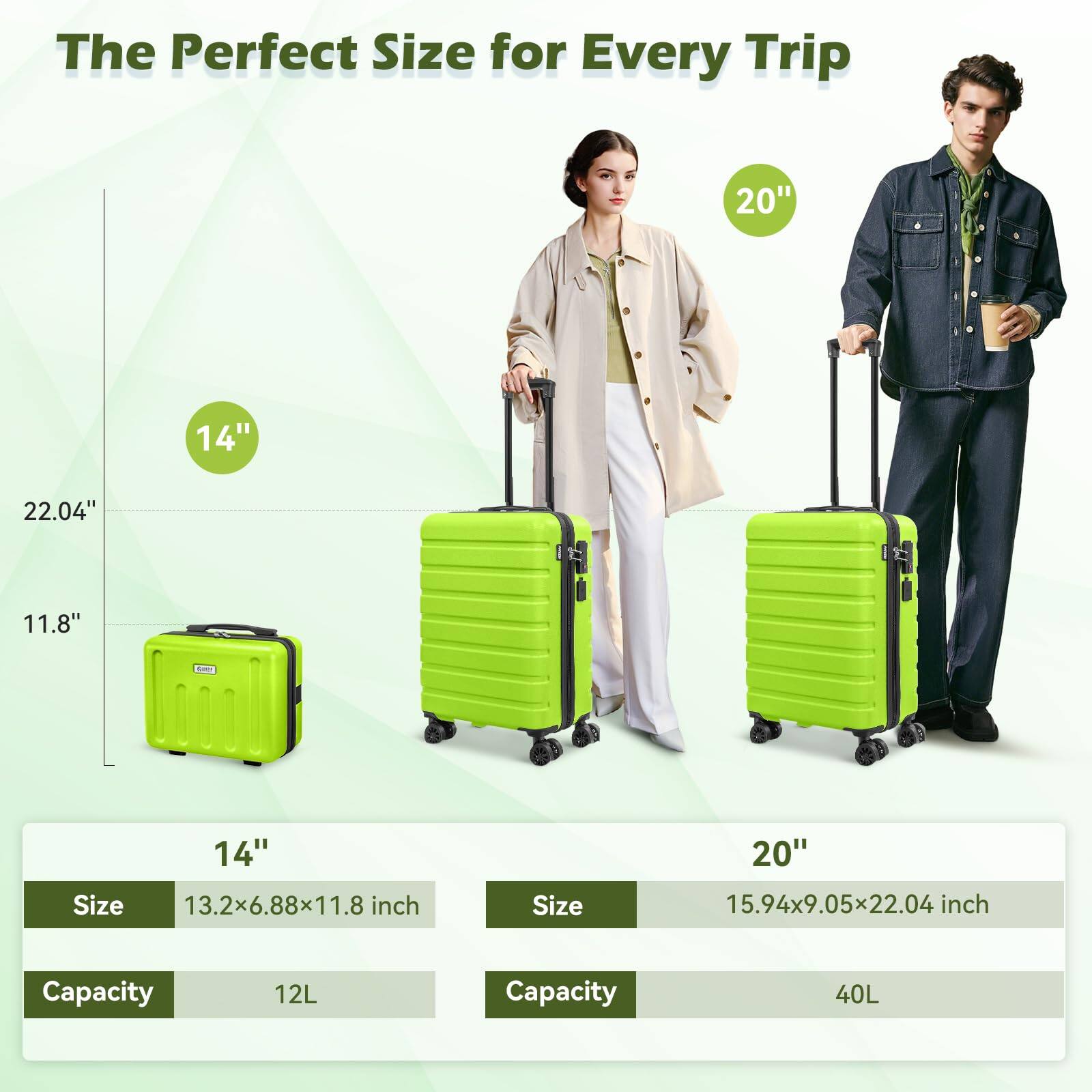 The Perfect Size for Every Trip

14"
Size: 13.2x6.88x11.8 inch
Capacity: 12L

20"
Size: 15.94x9.05x22.04 inch
Capacity: 40L