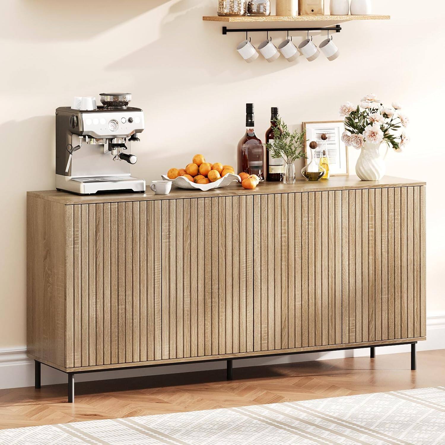 Front. Acekool - 63" Fluted Buffet Cabinet, Modern 4-Door Sideboard with Adjustable Shelves, Natural Oak - Oak.