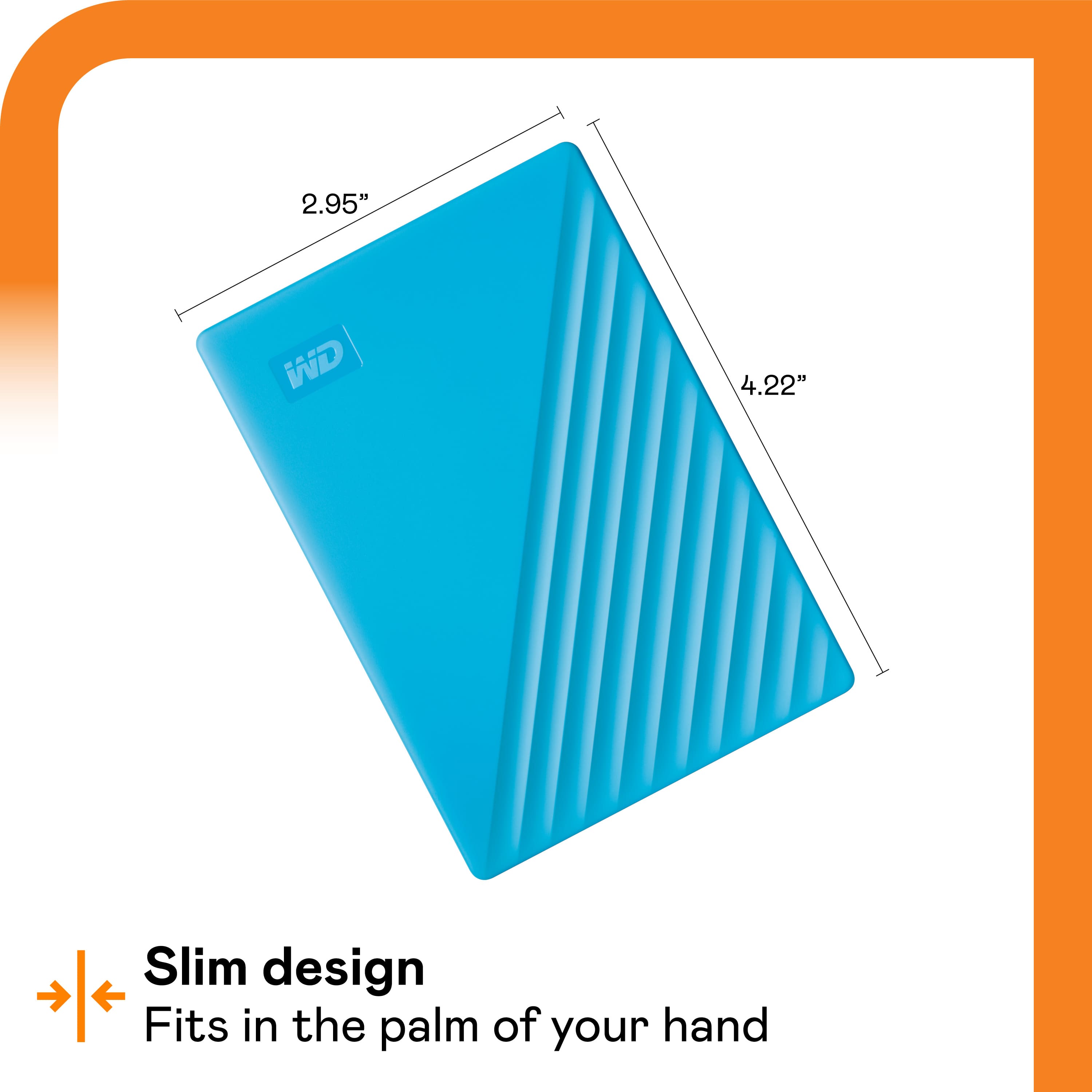 The text on the image reads: "2.95" D 4.22" Slim design Fits in the palm of your hand".