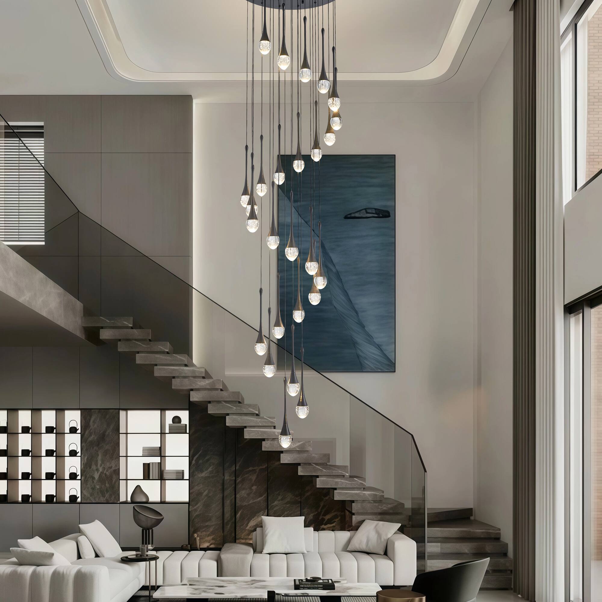 Alt View 2. RYHNUYNE - 26-Light Black Large Modern Chandelier, Crystal Staircase Chandelier with Remote, Dimmable LED Raindrop Lighting Chandel - Black.