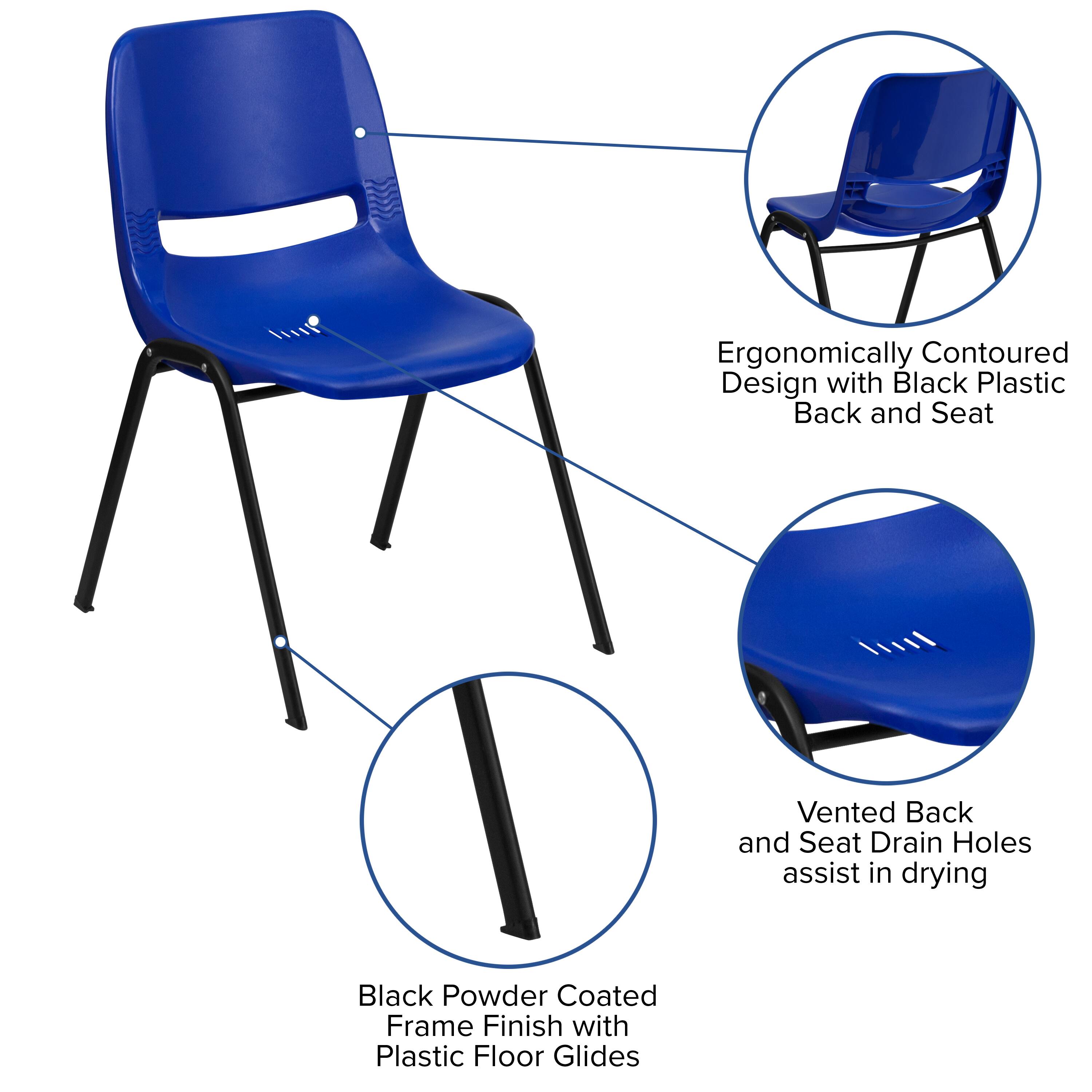 Ergonomically Contoured Design with Black Plastic Back and Seat  
Vented Back and Seat Drain Holes assist in drying  
Black Powder Coated Frame Finish with Plastic Floor Glides