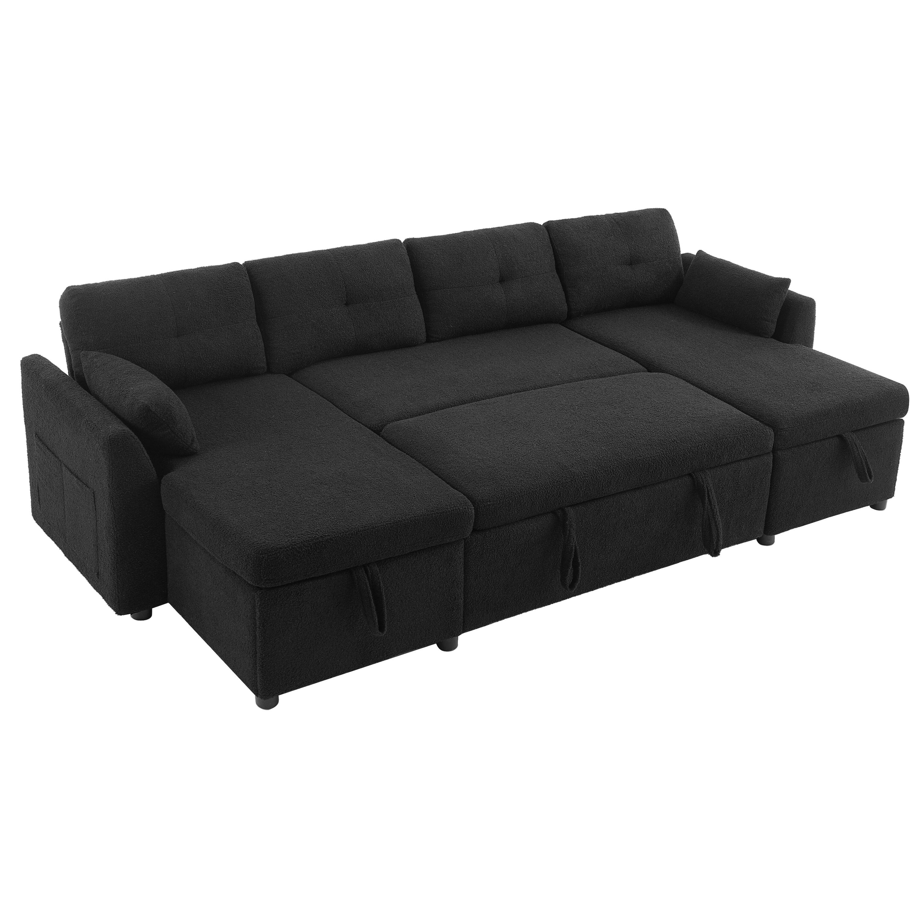 Left. Whisen - Modern U-shaped Sectional Sofa Bed with Storage and USB Ports for Living Room - Black.