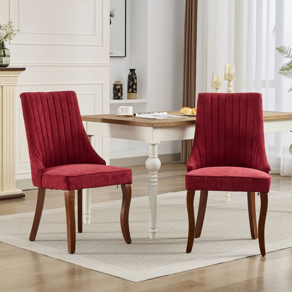 Loheer - Dining Chairs Set of 2 High Back Upholstered Accent Chair with Solid Wood Legs - Wine Red