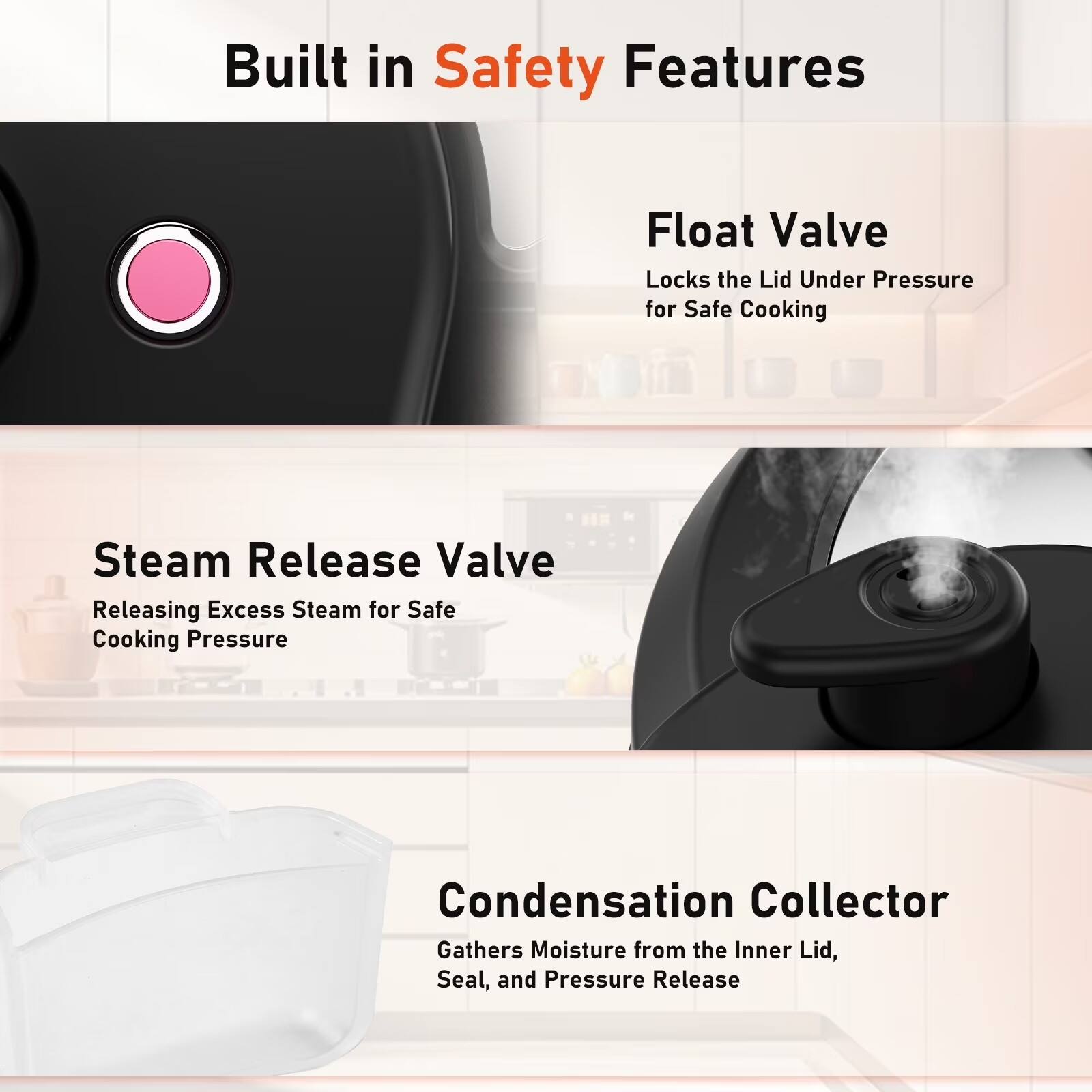 Built in Safety Features

Float Valve
Locks the Lid Under Pressure for Safe Cooking

Steam Release Valve
Releasing Excess Steam for Safe Cooking Pressure

Condensation Collector
Gathers Moisture from the Inner Lid, Seal, and Pressure Release