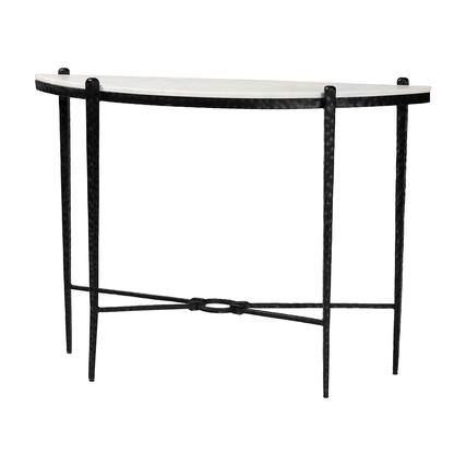Front. Baxton Studio - Caledon Marble Console Table - Modern Rustic Accent Table with Hand-Forged Metal Frame and Half-Moon Tabletop - Marble White/Black.