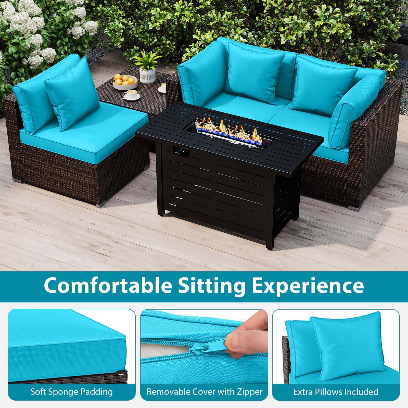 Alt View 5. Costway - Costway 5 PCS Patio Furniture Set Heavy-duty Frame Rattan Sofa Set with 60,000 BTU Firepit Table - Turquoise.