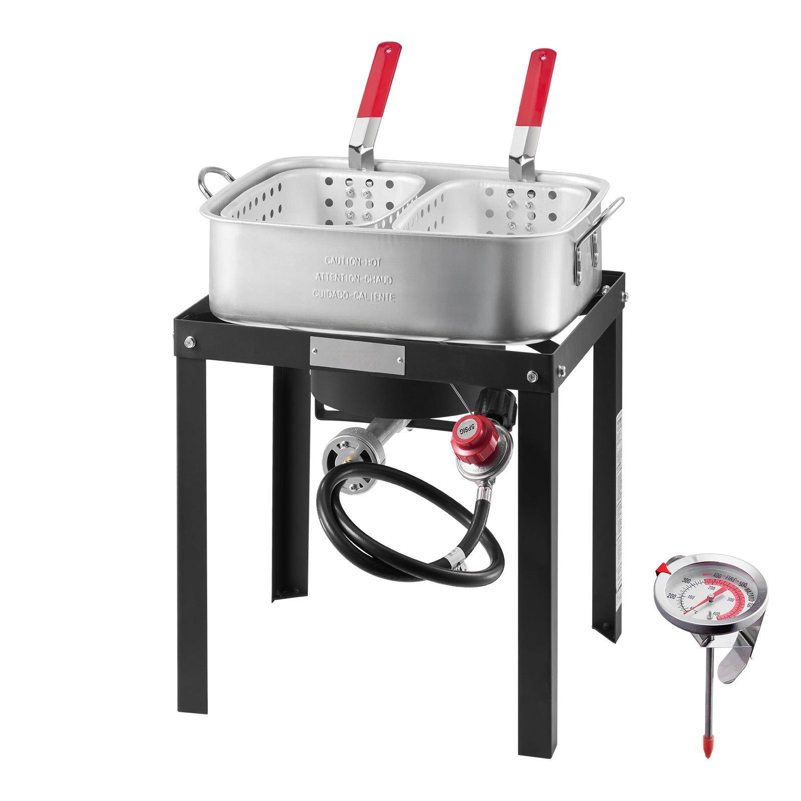 Glintex - Fish and Wing Fryer 18Qt Outdoor Propane Double Basket Aluminum Pot 58000 BTU Burner with Thermometer Kit - Black/Silver