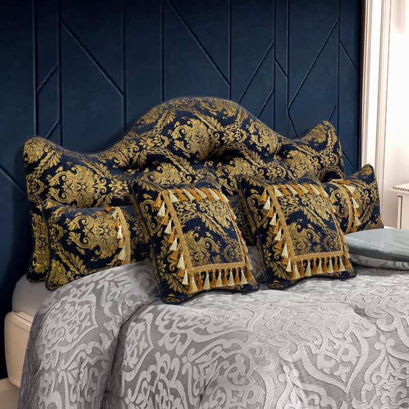 wowmax - Queen Pillow Set - 4 Piece Luxury Bed Pillows with Headboard & Body Pillows, Bedroom Decor - Blue-Gold