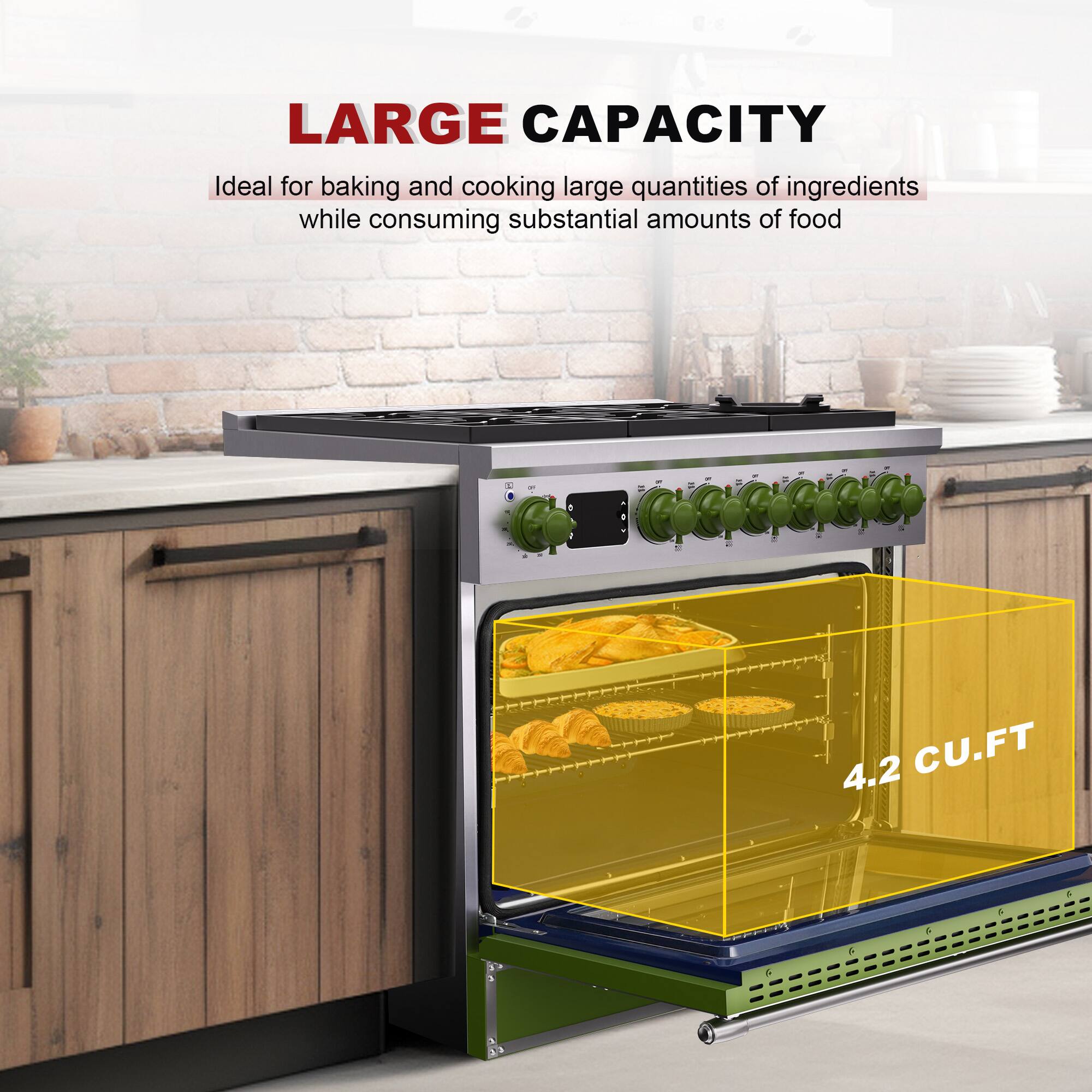 LARGE CAPACITY  
Ideal for baking and cooking large quantities of ingredients while consuming substantial amounts of food  
4.2 CU.FT