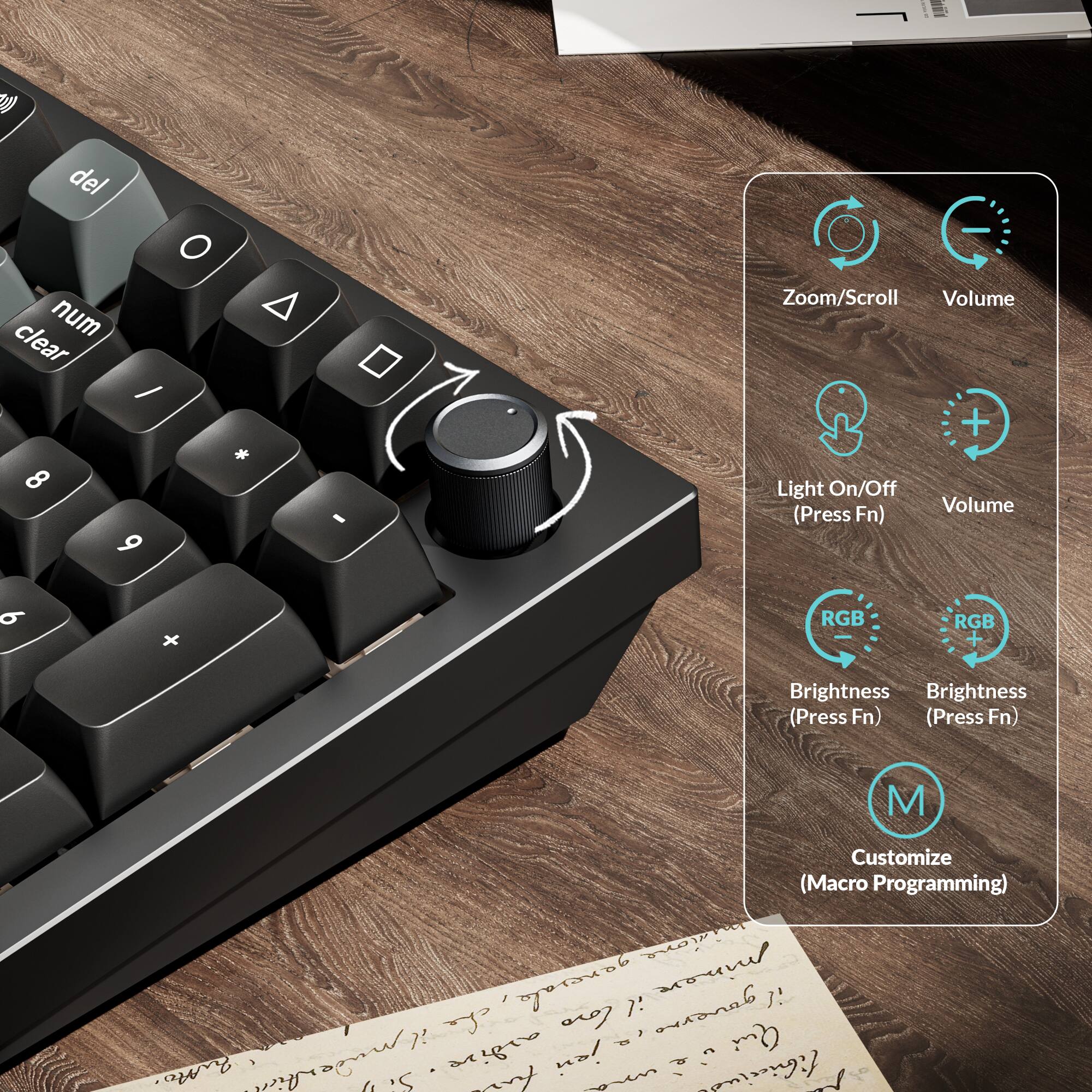 - Zoom/Scroll
- Volume
- Light On/Off (Press Fn)
- Volume (Press Fn)
- RGB Brightness (Press Fn)
- RGB Brightness (Press Fn)
- Customize (Macro Programming)