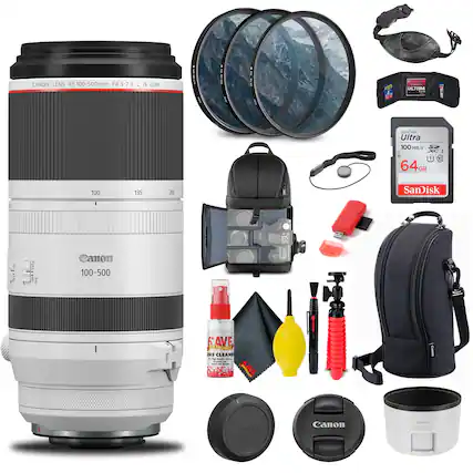 CANON LENS RF 100-500mm F4.5-7.1 L IS USM
SanDisk Ultra 100 MB/s 64GB
Canon 100-500
SAVE ELECTRONIC CLEANER
Canon Lens Cap
Canon Lens Hood
Canon Lens Case
Canon Camera Bag
Canon Tripod
Canon Lens Cleaning Kit
Canon Lens Filter