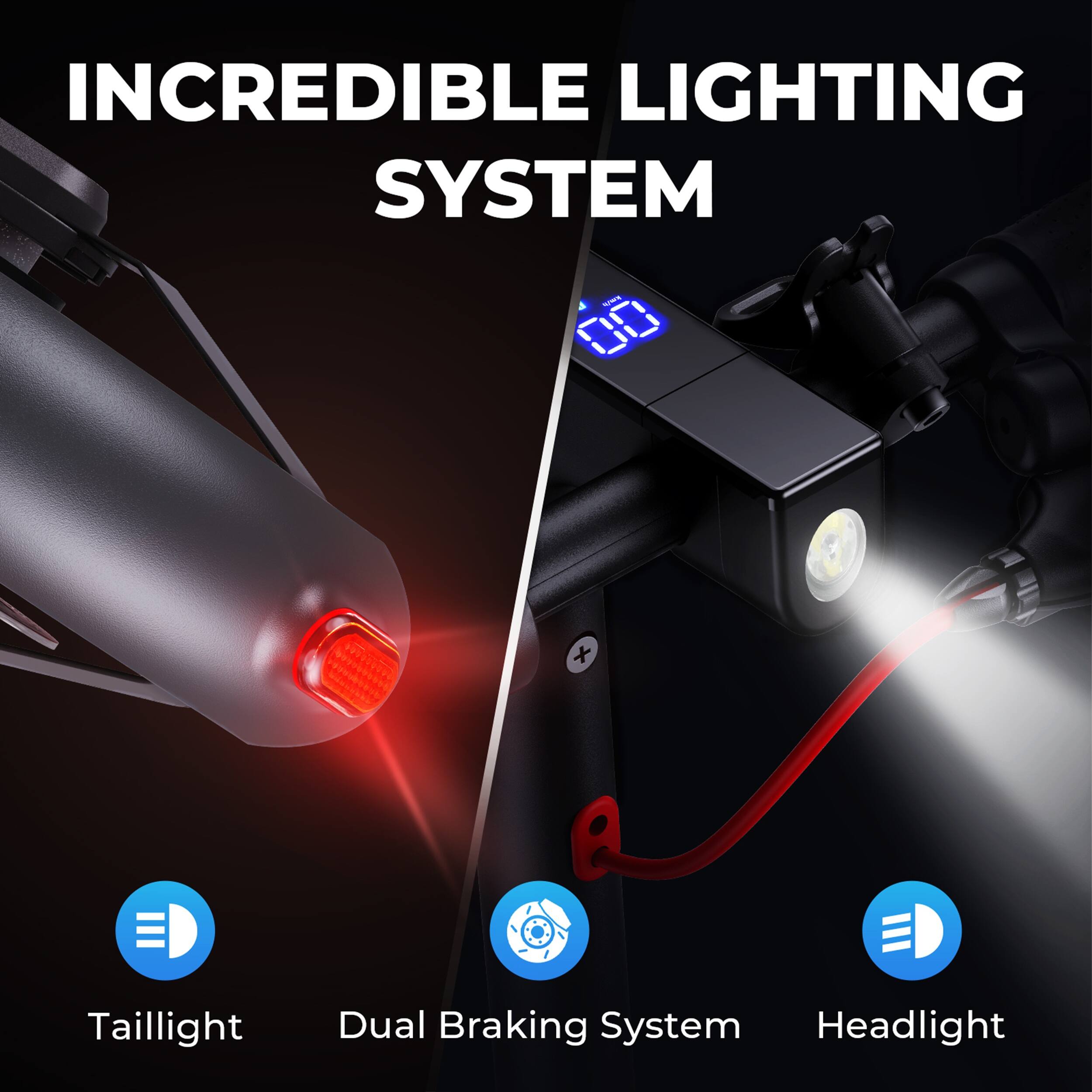 INCREDIBLE LIGHTING SYSTEM

- Taillight
- Dual Braking System
- Headlight