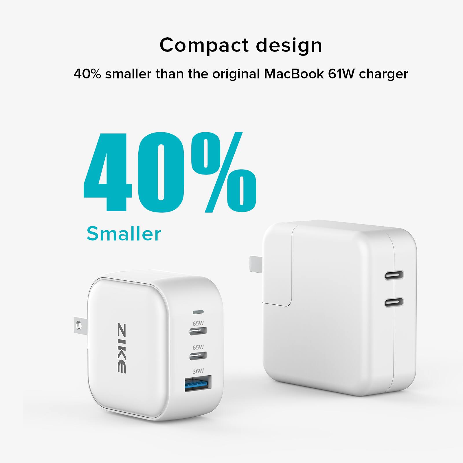 Compact design  
40% smaller than the original MacBook 61W charger  

40% Smaller  

ZIKE  
65W  
65W  
36W