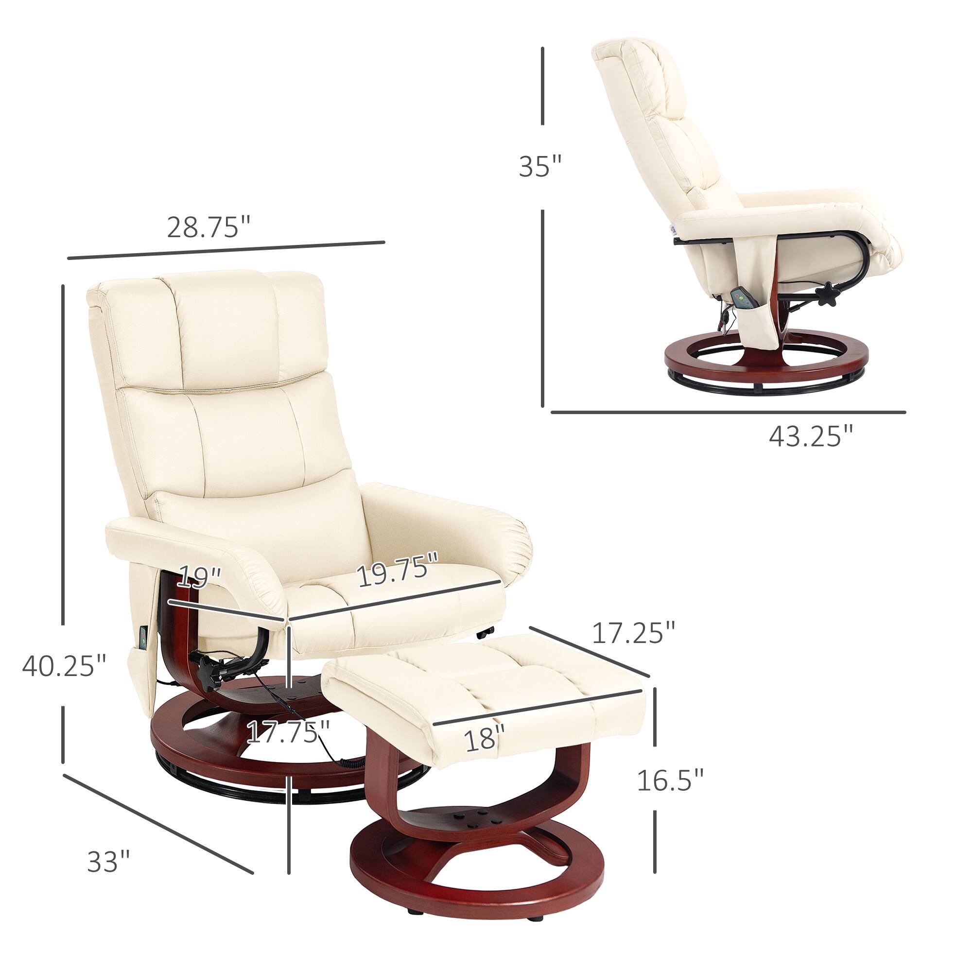 Width: 43.25"
Depth: 35"
Height: 33"
Seat width: 19"
Seat depth: 19.75"
Back height: 28.75"
Seat height: 17.25"
Armrest width: 17.75"
Armrest depth: 18"
Footrest height: 16.5"
