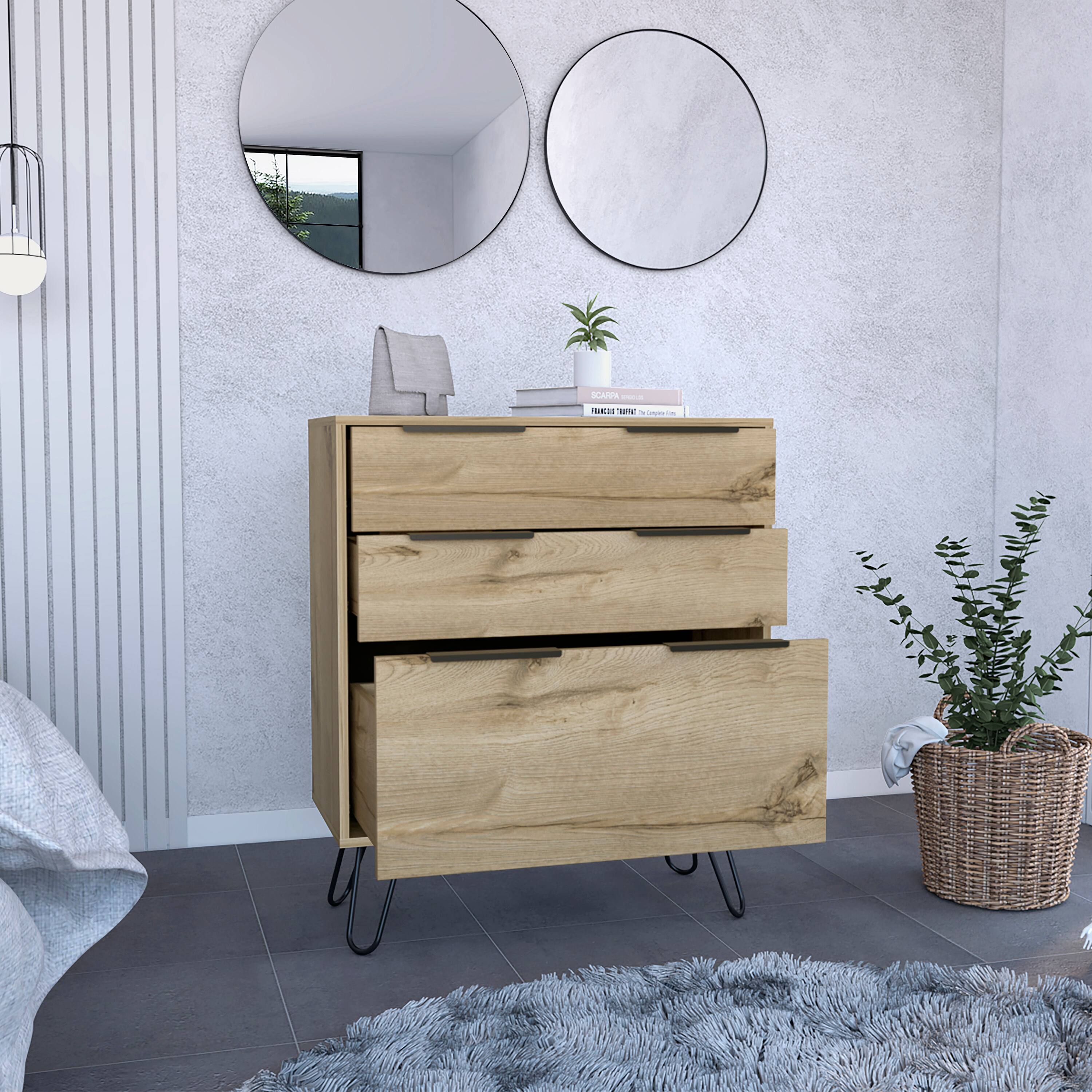 Alt View 1. TuHome - Augusta Dresser, Hairpin Legs, Three Drawers, Superior Top - Light Oak.