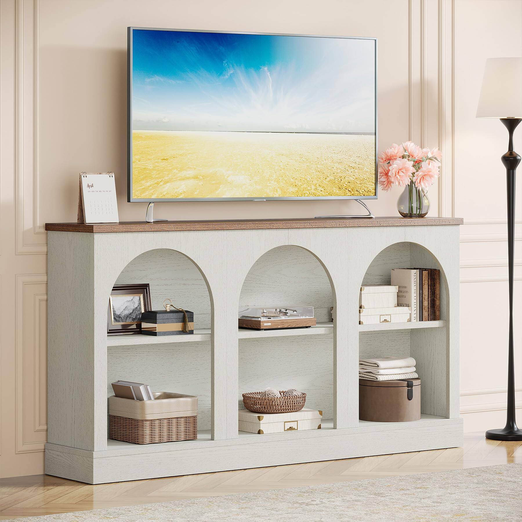 Alt View 1. Tribesigns - 63-Inch Arched Farmhouse TV Stand with 3 Open Storage Compartments for TVs up to 65 Inches - Off-white and Brown.
