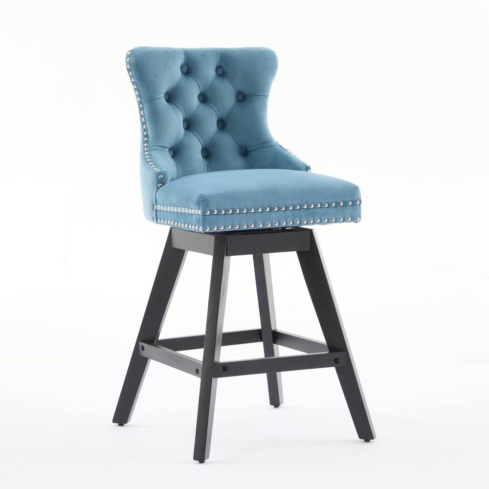 Left. Loheer - Loheer Swivel Velvet Barstools Set of 2 Light Blue Button Tufted Bar Chairs Wooden Legs Chrome Nailhead Trim - Light Blue.