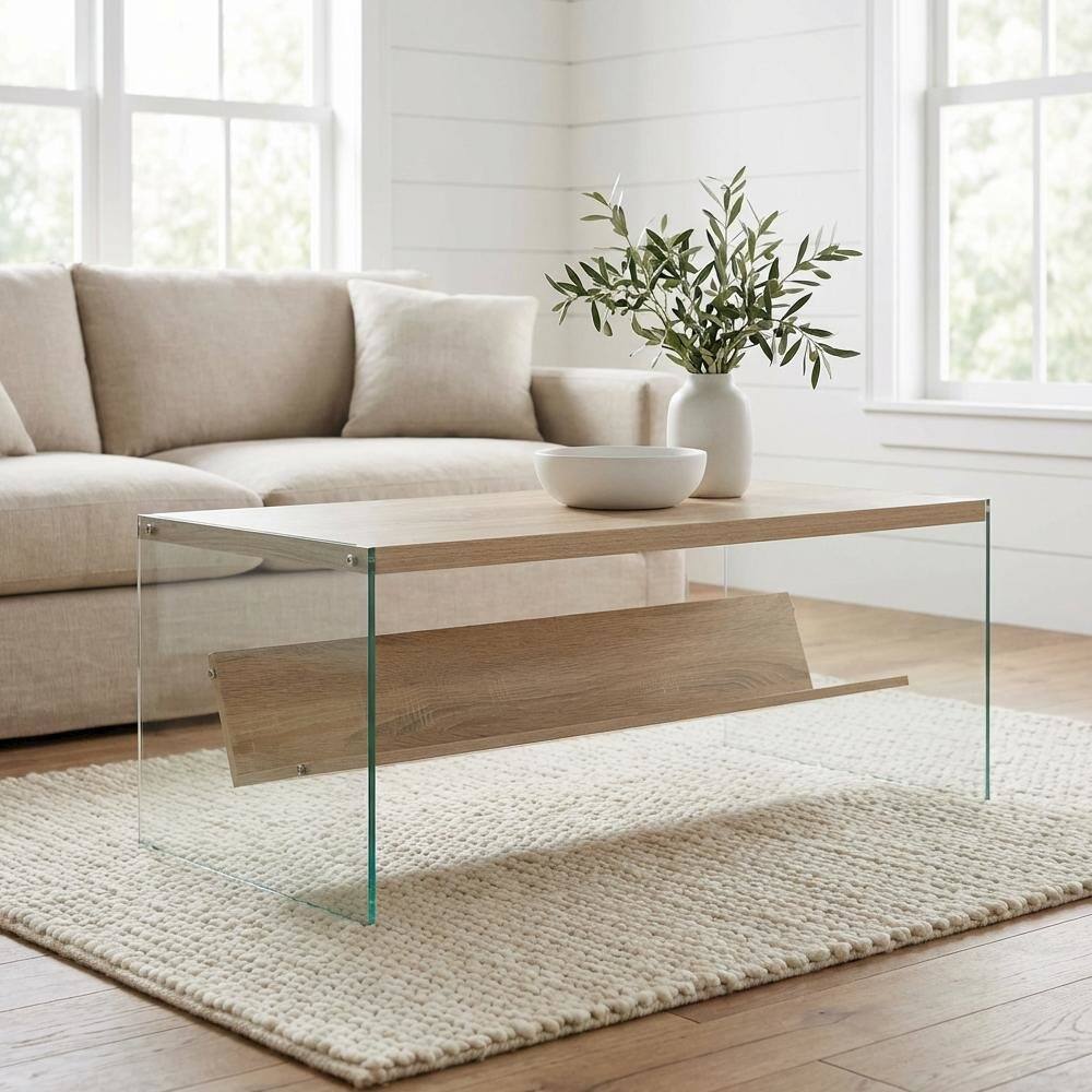 Left. FurniFact - Glass Coffee Table with Shelf Contemporary Design and Sturdy Frame SKU - Weathered White/Glass.