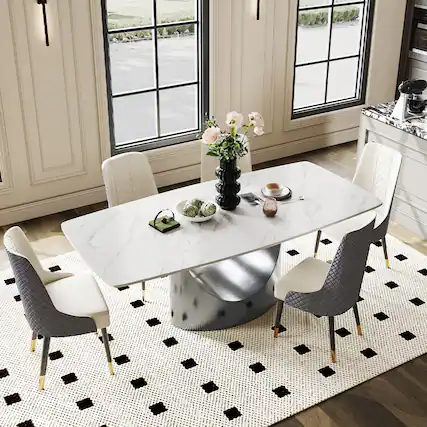 Front. POVISON - 79" Modern Minimalist Dining Table for 6-8, White Rectangular Matte Sintered Stone Tabletop, Dark Gray Carbon Steel Leg - Matte White Sintered Stone with Gray.