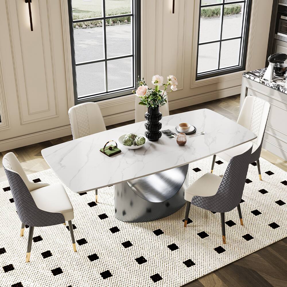 Front. POVISON - 79" Modern Minimalist Dining Table for 6-8, White Rectangular Matte Sintered Stone Tabletop, Dark Gray Carbon Steel Leg - Matte White Sintered Stone with Gray.
