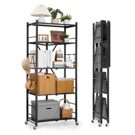 VEVOR - 5-Tier Foldable Storage Shelf, 28Wx15Dx64H Inch Folding Metal Rack Shelving Unit, Heavy Duty No Assembly Organizer Shelf - Black