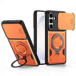 Dteck - For Samsung Galaxy S26 Shockproof Ring Kickstand Drop Protection Rugged Case Sliding Camera Lens Cover - Orange