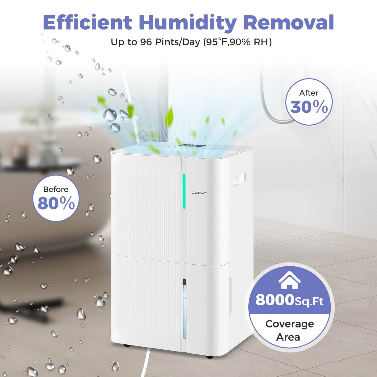 Efficient Humidity Removal  
Up to 96 Pints/Day (95°F, 90% RH)  

Before 80%  
After 30%  

8000 Sq.Ft Coverage Area