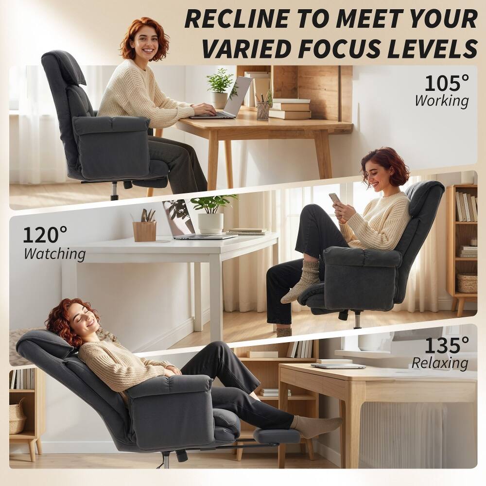 RECLINE TO MEET YOUR VARIED FOCUS LEVELS

105° Working  
120° Watching  
135° Relaxing