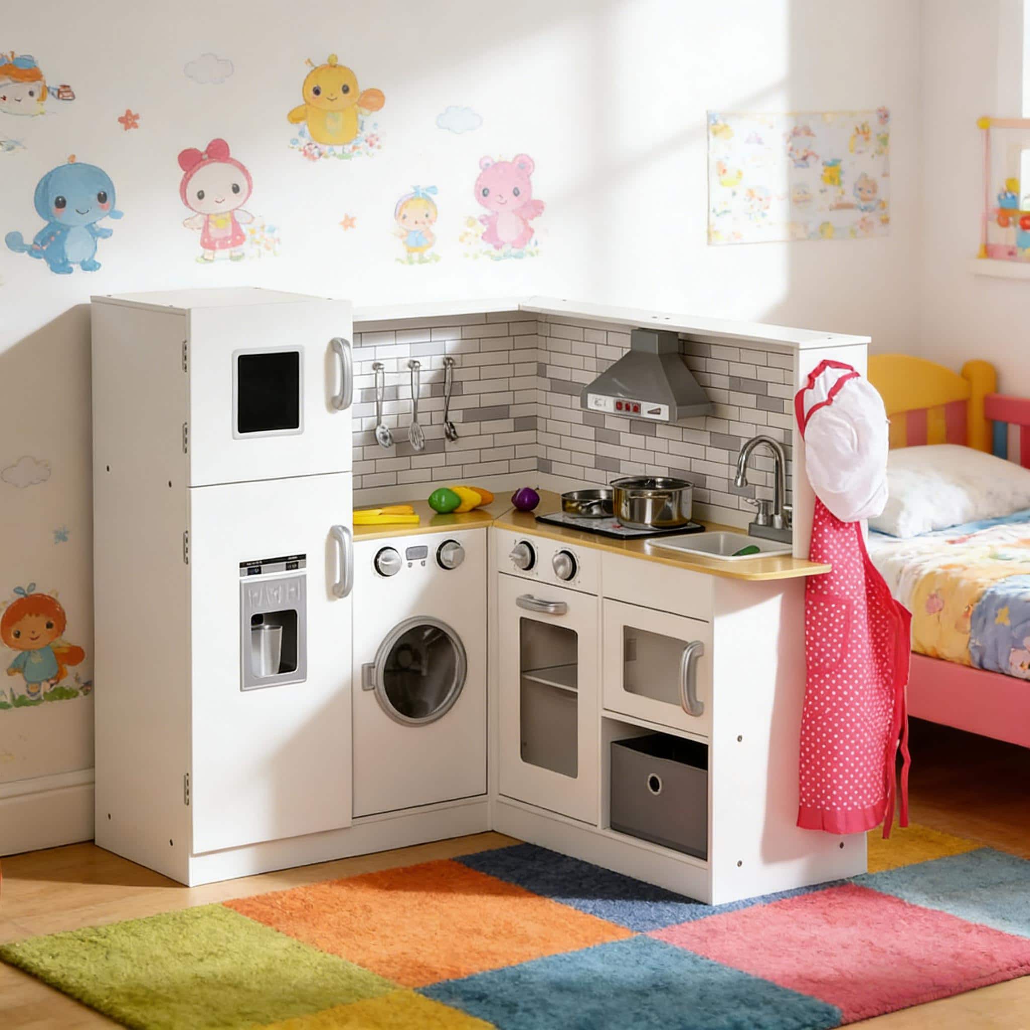 Front. Siljoy - Corner Wooden Play Kitchen with Ice Maker, 7 Appliances, Pink Apron, Sounds, for Ages 3‑6, 110lb Capacity - Gray,White.