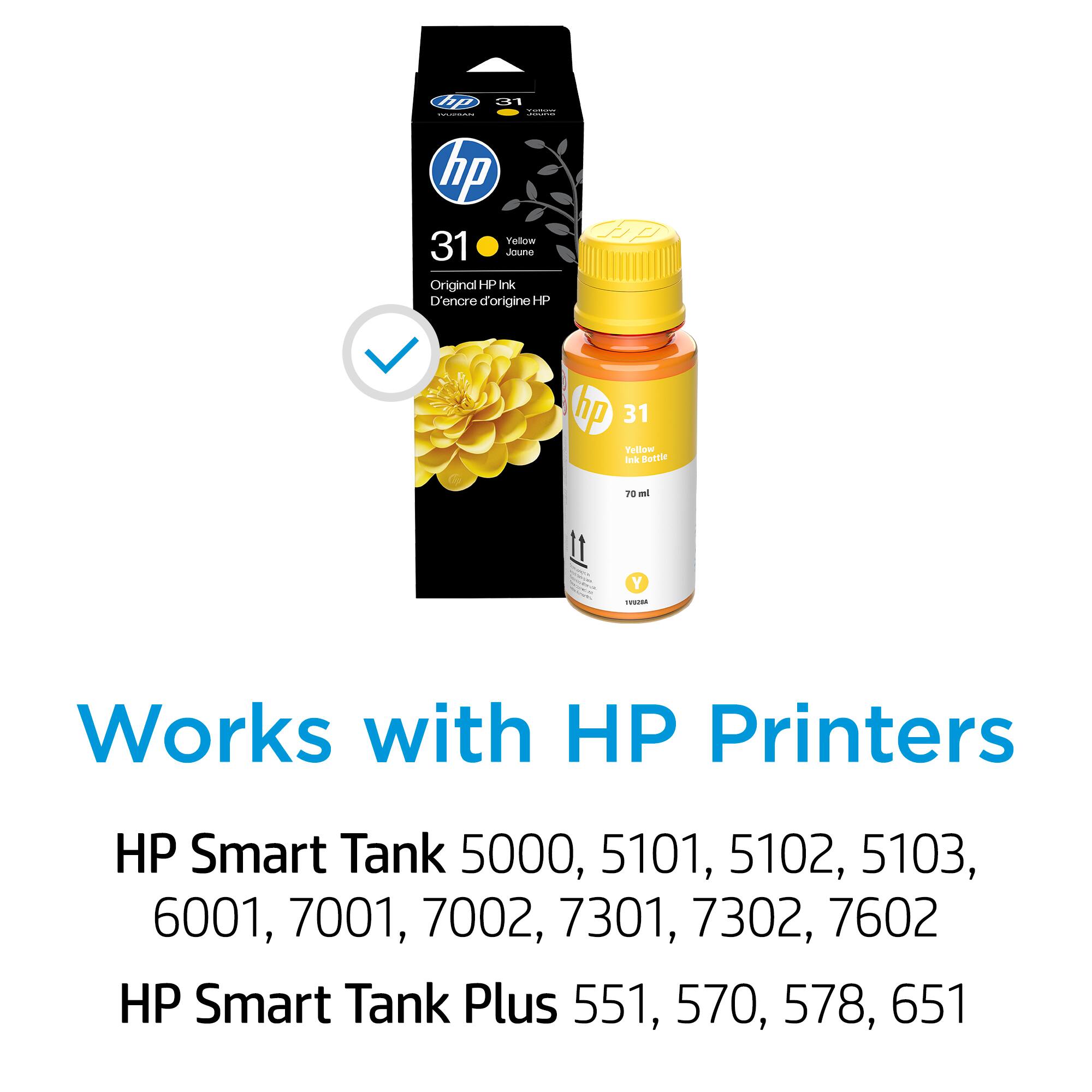 - Yellow Ink
- Original HP Ink
- D'encre d'origine HP
- Works with HP Printers
- HP Smart Tank 5000, 5101, 5102, 5103, 6001, 7001, 7002, 7301, 7302, 7602
- HP Smart Tank Plus 551, 570, 578, 651